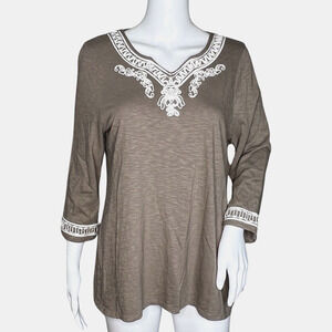 Chicos Shirt Womens Medium Brown White Embroidered Tunic Top‎ Boho Bohemian